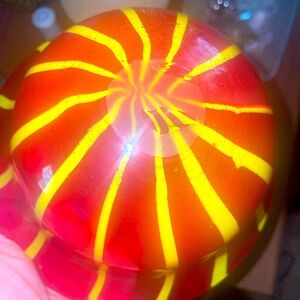 Murano Hand blown red glass bowl w/yellow swirl stripes with pedestal- art glass